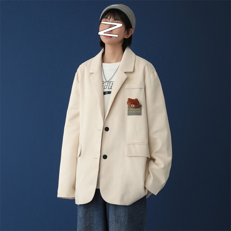 关于小熊的事胸针装饰复古西装宽松刺绣麂皮绒外套mj404-p100，女装西装，电商B288