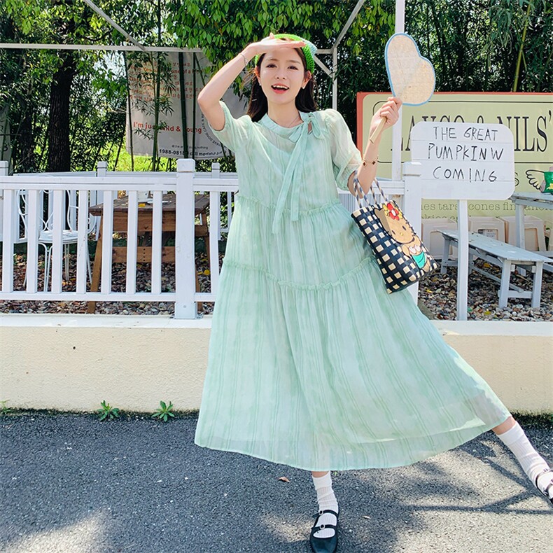 浅绿色小清新连衣裙女2024夏季新款减龄小个子高级感收腰显瘦长裙,女装连衣裙,2C058