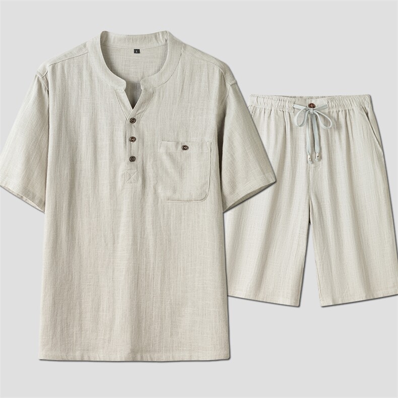 主推 风男装亚麻短袖唐装男风套装中老年爸爸夏季太极服图片