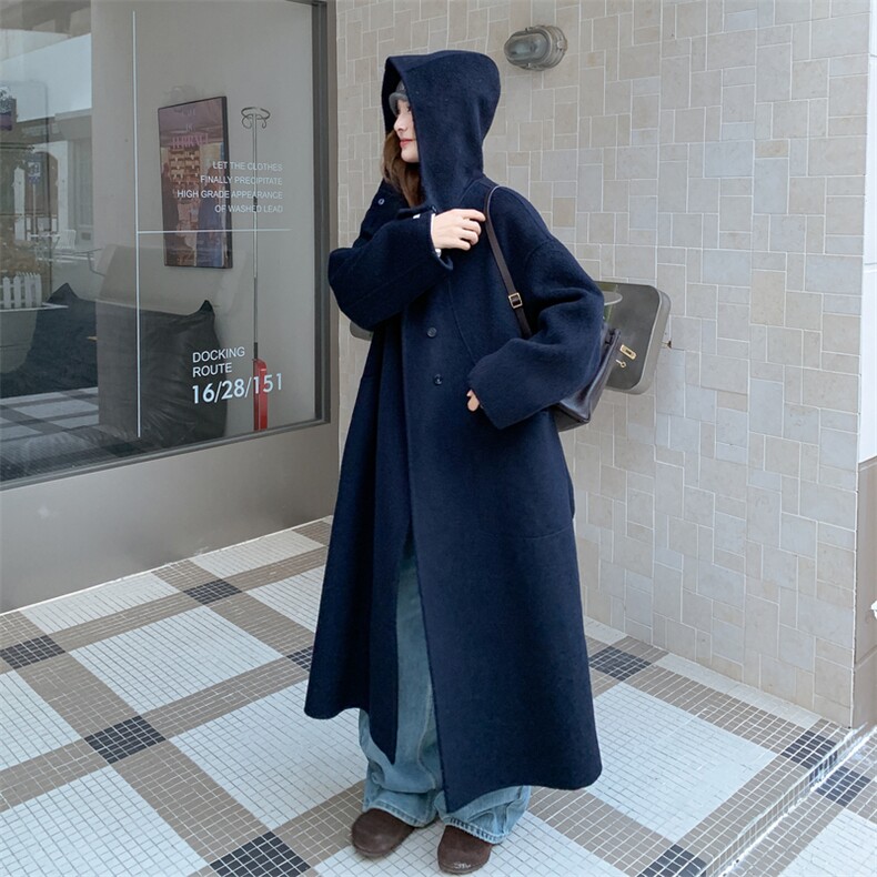 黑色双排扣设计呢大衣女2025年冬季新款韩版高级感连帽毛呢外套,女装毛呢外套,2D014