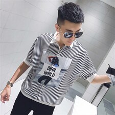 2026夏季小伙竖条纹蝙蝠袖宽松套头五分袖衬衣男C054/P58控78，男装T恤，电商A243