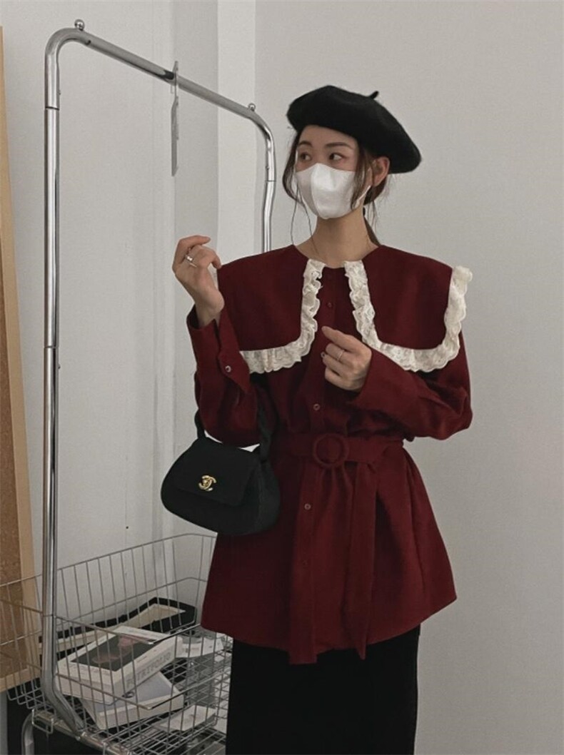 秋冬新品娃娃领大版系腰带衬衣，其它，新袖