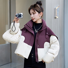 撞色立领羽绒服女短款2023冬季新款小个子加厚针织披肩面包服外套，女装羽绒服，众宇琦
