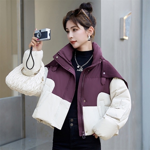 撞色立领羽绒服女短款2023冬季新款小个子加厚针织披肩面包服外套图片