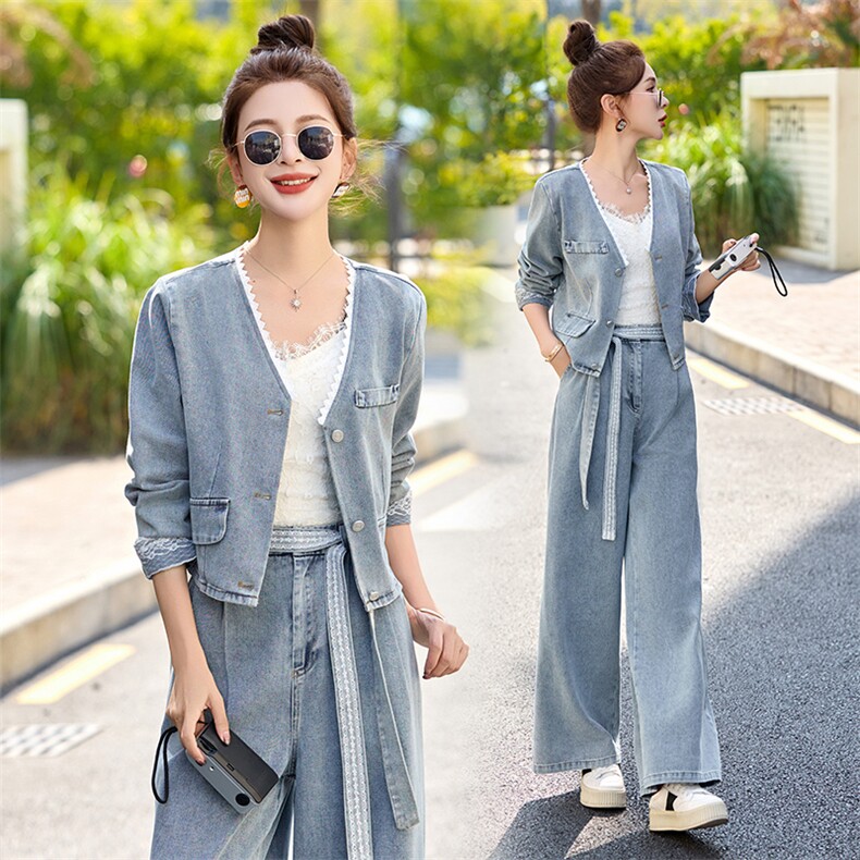 时尚蕾丝花边牛仔套装女2025春季新款超火穿搭短外套阔腿裤两件套,女装套装/套裙,贵人树