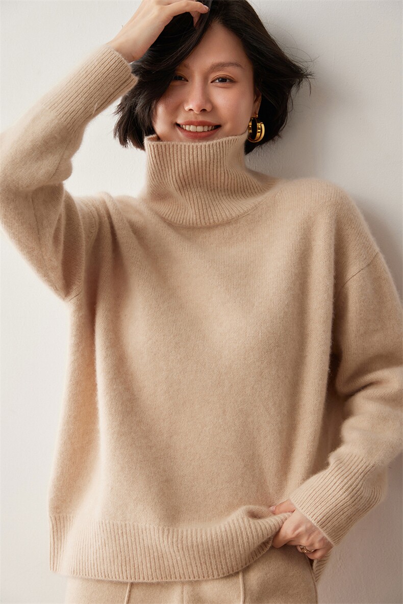 王菲同款山羊绒衫女高领宽松加厚慵懒欧货针织毛衣廓版打底衫上衣,女装羊绒衫,蒂暖羊绒