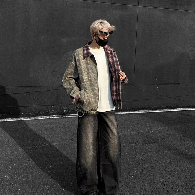 2025美式高街皮衣外套老钱风夹克哈灵顿琥珀拼格子CC96-P90控118,男装皮衣,星座405-3