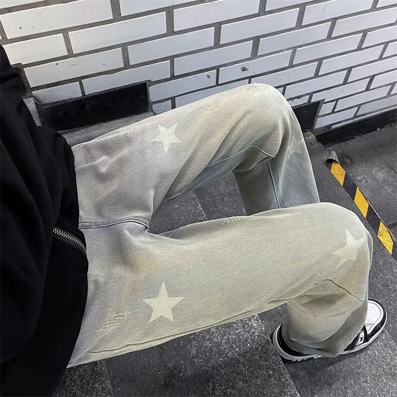 黄泥色星星牛仔裤男春秋潮牌美式高街设计NK701P42,男装牛仔裤,星座1116-2