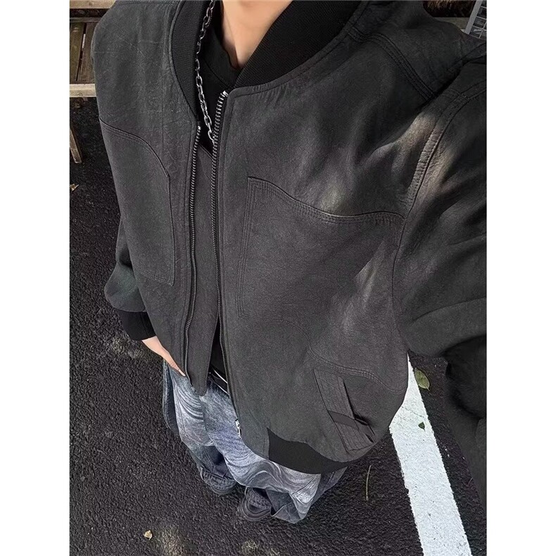 869-P62 美式复古水洗底特律夹克男女春秋季潮牌cleanfit巴恩风图片