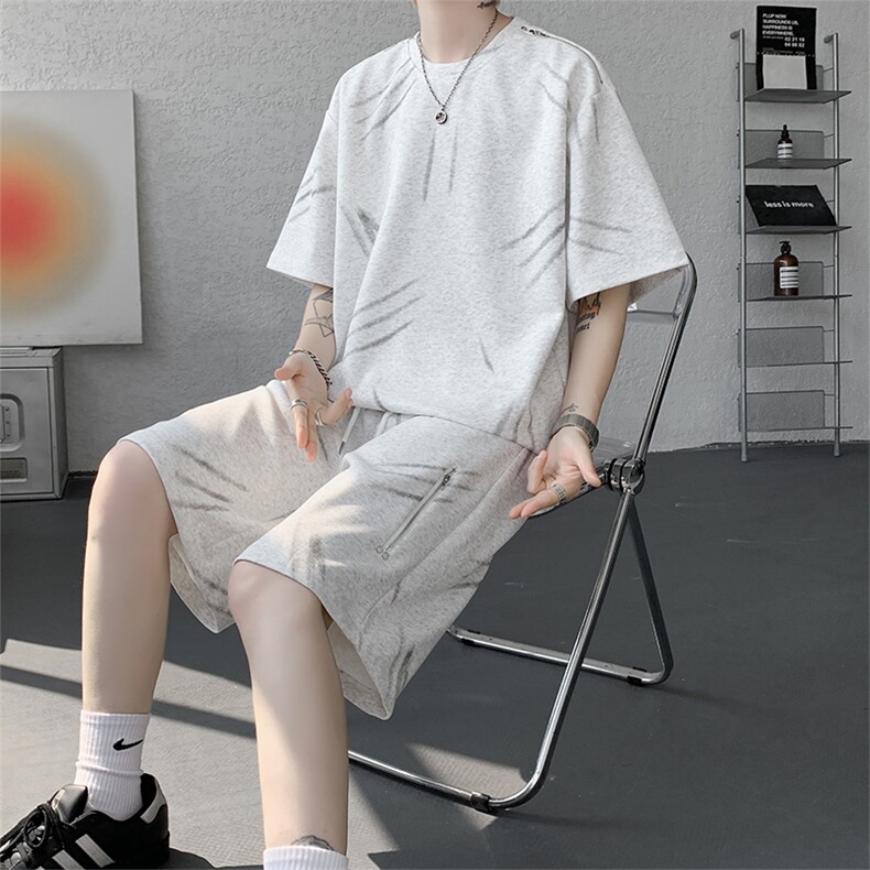 高品质猫爪布美式机车拉链套装夏季新款设计短袖短裤套装特P70,男装休闲套装,电商B319