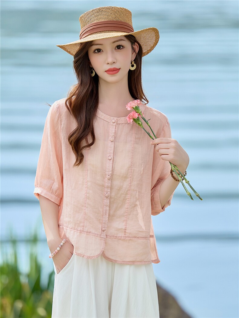 苎麻刺绣小衫女2026夏季新款宽松休闲百搭文艺优雅上衣,女装衬衫,余墨