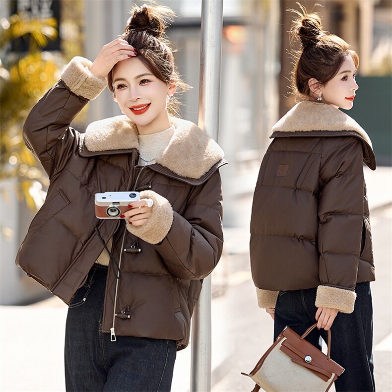 羊羔毛领拼接PU皮羽绒服女2025冬季新款小个子气质显瘦白鸭绒外套,女装羽绒服,慕咨