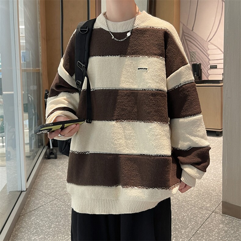 B143-P452024新款冬季圆领针织衫外套男套头慵懒条纹拼接毛衣,男装针织衫/毛衣,星座512-6