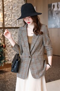 千鸟子格西装女外套2026年新款早秋气质长袖小个子格子春秋西服图片