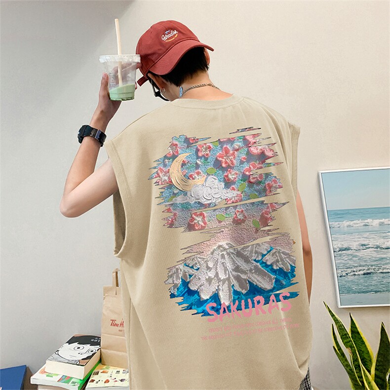 直播品质重磅纯棉220克美式印花宽松背心男女无袖t恤潮BX173P25,男装T恤,电商A486