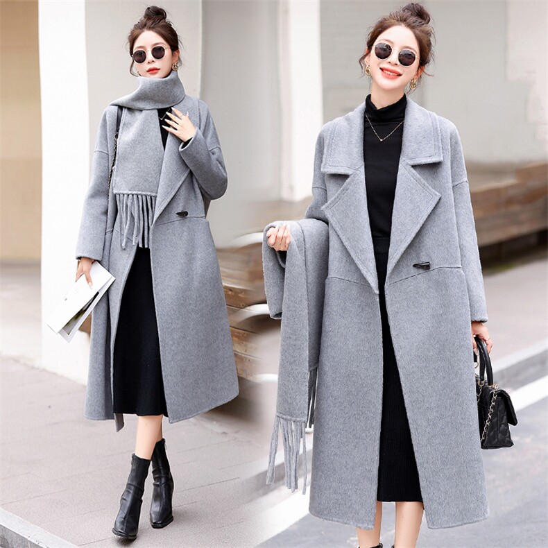 2023秋冬新款气质百搭韩系羊毛双面呢外套长款羊毛大衣配围巾，女装双面呢大衣，半夏