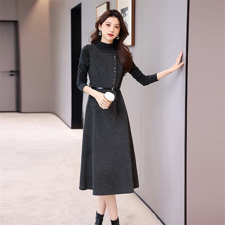 秋冬打底衫毛呢背心裙两件套女2024新款修身显瘦气质打底套装裙子,女装套装/套裙,奋斗女王