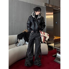 美式黑色连帽座山雕皮衣外套棉服男冬季加绒加厚痞帅毛领棉衣夹克，男装夹克，四季星座505