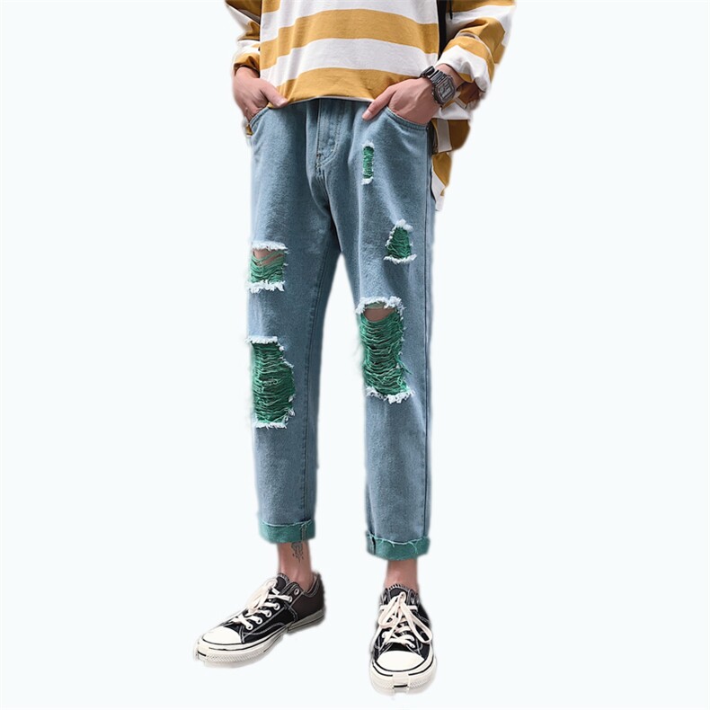 19夏装绿色破洞休闲牛仔裤chic韩版潮流九分裤N/,男装牛仔裤,电商D202