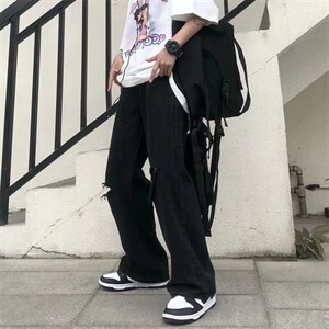 夏季韩版ins街头复古破洞牛仔裤宽松直筒大码阔腿裤潮NK6056-P40图片