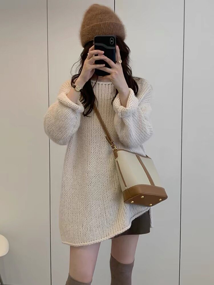 羊毛衫女宽松中长款粗针毛衣一字领羊毛打底衫,女装羊毛衫,思途羊绒