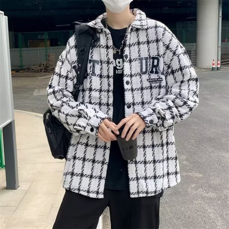 秋冬新款休闲外套男潮牌百搭格子夹克男穿搭宽松上衣服W6121-P50,男装夹克,星座412-3