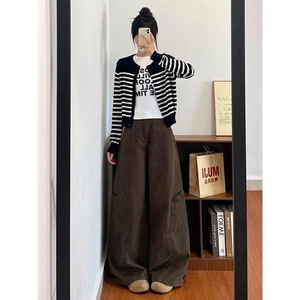 小个子复古美拉德咖色阔腿工装牛仔裤女新款辣妹高腰宽松直筒长裤图片