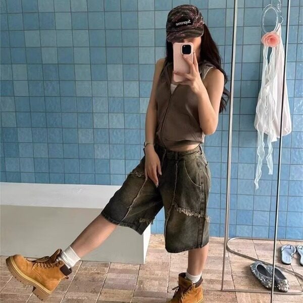 休闲美式复古做旧废土风毛边流苏水洗牛仔短裤男女休闲百搭七分裤,男装牛仔裤,星座506A