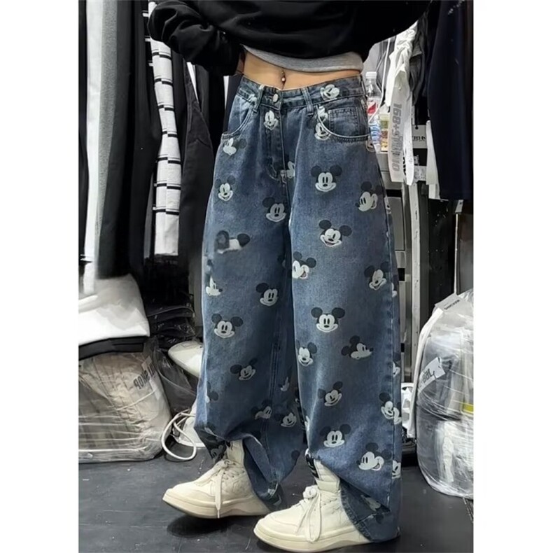 美式复古卡通米奇印花牛仔裤男女街头宽松显瘦阔腿裤W727P50,男装牛仔裤,星座1112-1