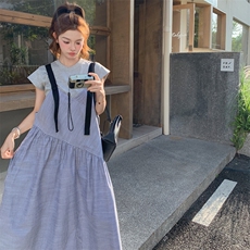 【新款】灰色条纹拼接背带连衣裙2C158-8691-P120-K178，女装连衣裙，2C158