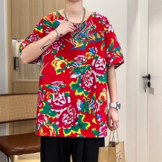 东北大花布短袖T恤男夏季国潮牡丹花网红情侣宽松大码圆领半截袖，男装T恤，星座115A(原星座507）