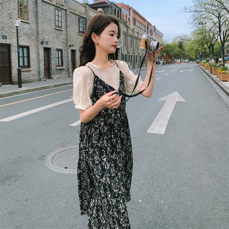 法式复古吊带连衣裙女夏季2025新款气质雪纺碎花长裙子,女装连衣裙,帛香坊