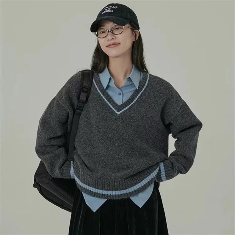 时尚学院风复古百搭V领撞色针织羊毛衫,女装羊毛衫,泰沅羊绒