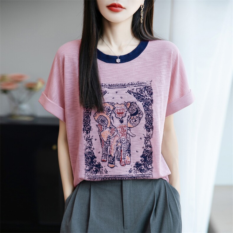 夏季新款竹节麻拼色圆领大象印染短袖百搭显瘦上衣时尚休闲T恤图片