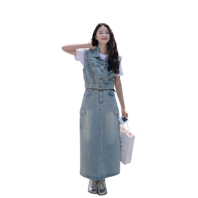 ootd穿搭港风复古牛仔马甲配包臀牛仔裙2025春夏又a又飒休闲套装,女装套装/套裙,瑶迪依秀