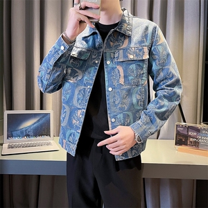 2025秋季新款水洗男士牛仔夹克个性提花印花图案外套图片