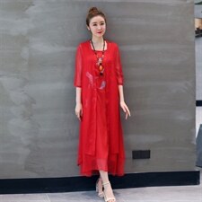 连衣裙长裙圆领宽松腰两件套2022年夏季五分袖A型潮流简约个性，女装连衣裙，韩宇舍