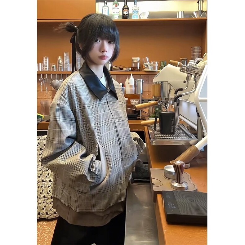 拼接千鸟格廓形外套男女宽松休闲皮领夹克设计感上衣百搭-网图,男装夹克,星座302B-2
