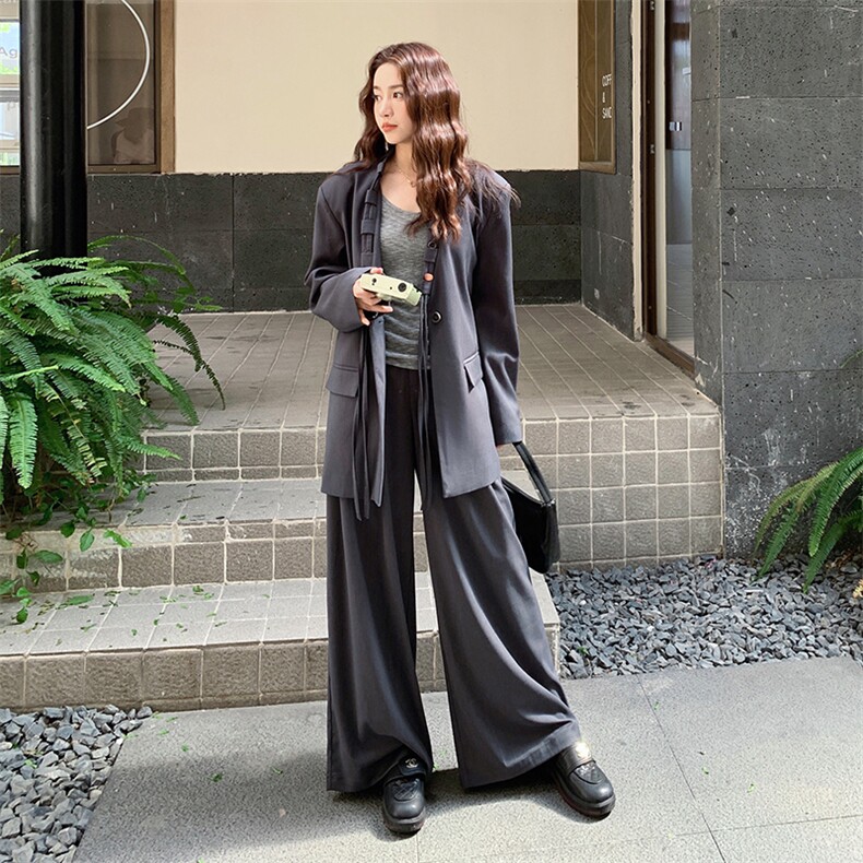 2C085-Q108P205K298主推高级灰色极简串珠V领织带西服长裤套装,女装套装/套裙,2C085
