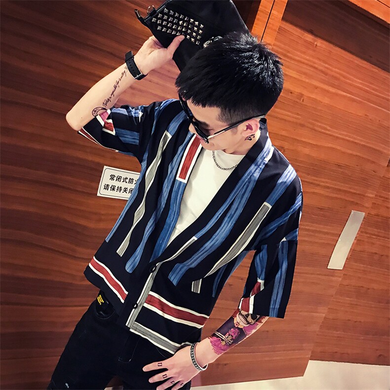 19夏新款时尚个性社会小伙休闲仙鹤条纹日系和服短袖衬衫,男装衬衫,星座406