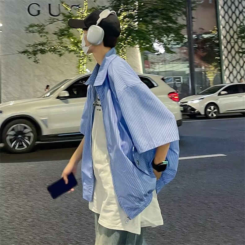 条纹短袖衬衫男夏季小众设计感复古港风外套P50,男装夹克,星座1116-2