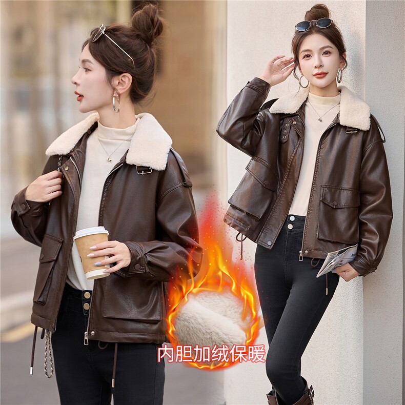爆款加绒短款皮衣女2025秋冬季新款小个子显瘦大毛领棉服外套潮,女装皮衣,梦依缘