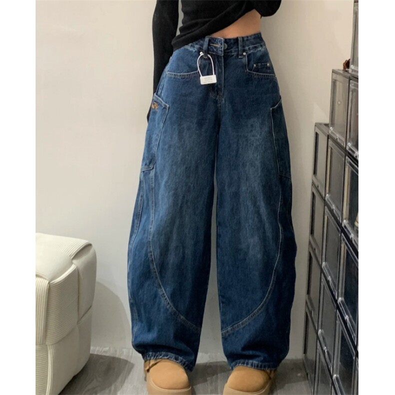 美式弯刀复古拼接侧边大口袋牛仔裤男女筒阔腿裤P45YW9131,男装牛仔裤,星座1112-1