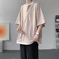 8XL-M重磅斜纹假两件短袖t恤男夏季薄款宽松大码半袖体恤DT006P45，男装T恤，电商B312