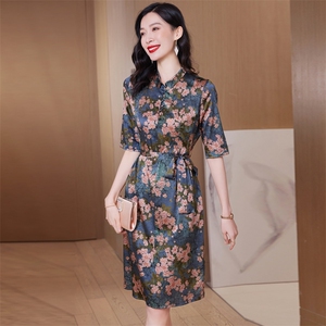 纯苎麻复古文艺法式方领显瘦减龄气质洋气黄色蓝色碎花印花连衣裙图片