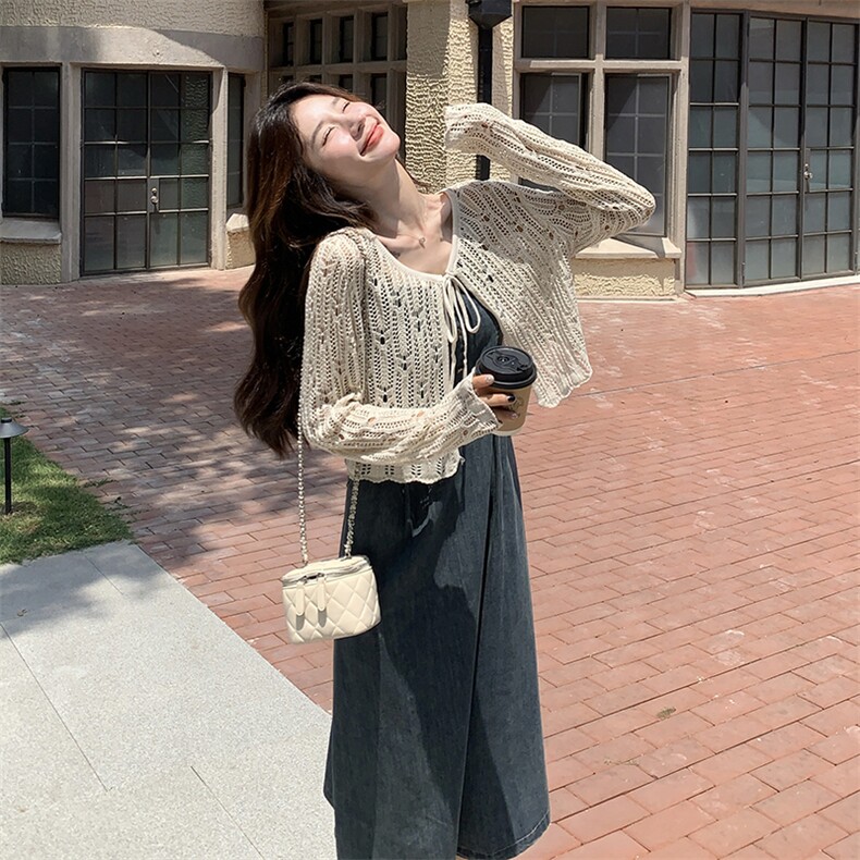 配吊带裙镂空针织开衫披肩2025秋季新款连衣裙两件套时尚套装,女装连衣裙,2C218