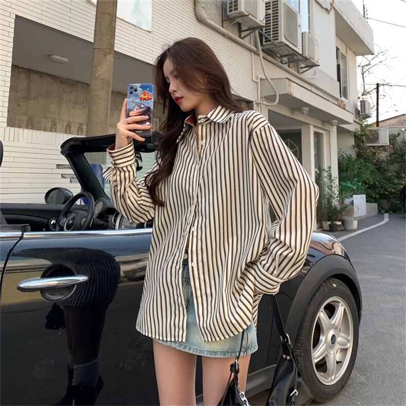 早秋装新款竖条纹衬衫女长袖设计感小众复古港味叠穿衬衣E626-P45,女装衬衫,星座911-2(原星座613-2）