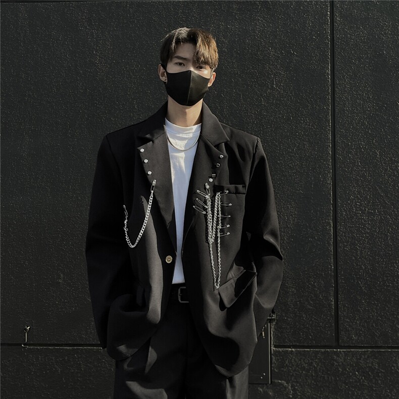 ZX029-P100小众设计感链条黑色西装外套男女宽松廓形中性垫肩西服,男装西服,电商C233