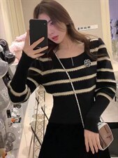 现货春季新款条纹方领毛衣，女装针织衫/毛衣，CHERRY·印