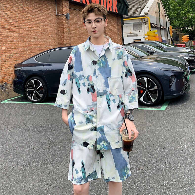 2025夏水墨画冰丝凉感短袖五分袖衬衫薄套装TZ5678/特P50浅蓝6,男装休闲套装,电商A094
